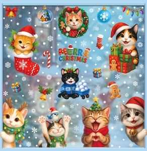 Close-up of cute cartoon Christmas cats with festive accessories and holiday motifs