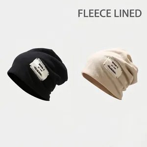 Knitted Beanie Hat Fleece Lined Warm Slouchy Skull Cap With Letter Patch Streetwear For Men Women Winter Outdoor