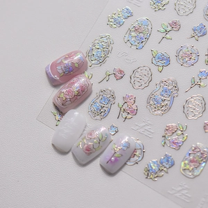 Iridescent 3D embossed rose and stained glass nail art stickers with gold floral details