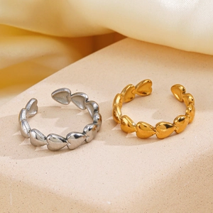 Heart Linked Open Ring Stainless Steel 18K Gold Plated Adjustable Minimalist Fashion Jewelry For Women