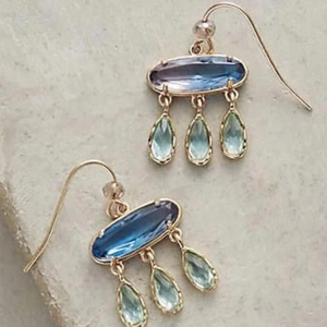 Vintage handmade long earrings with blue oval and green teardrop rhinestones