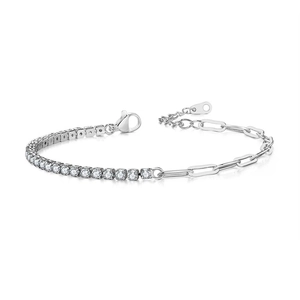 Detail view of paperclip link and tennis chain bracelet with clear zircon stones