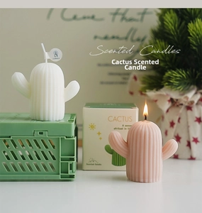 Détail de bougies parfumées cactus rose et blanc avec petit panier de rangement