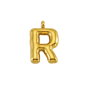 Detailed macro of 14K gold-plated bubble letter R pendant with realistic balloon textures