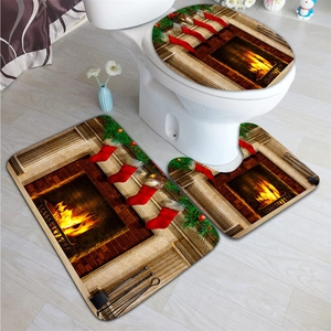 Set tappetini da bagno 3 pezzi con stampa digitale di caminetto natalizio e calze rosse