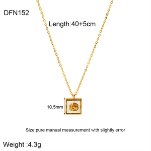 Macro view of 18k gold plated necklace with rose motif pendant and size measurements