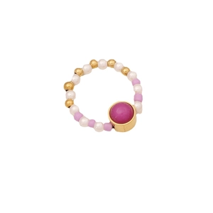 Handmade beaded ring featuring white pearls, pink gemstones, and gold stainless steel accents