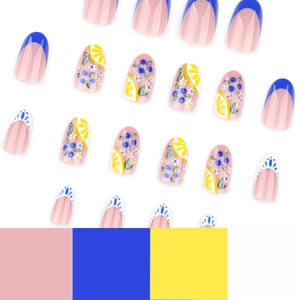 French blue almond press-on nails with lemon and blueberry summer fruit patterns