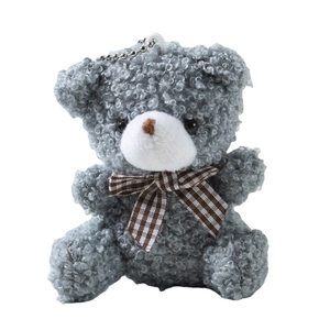 Mini plush teddy bear charm in grey curly fleece with checkered bow and silver chain