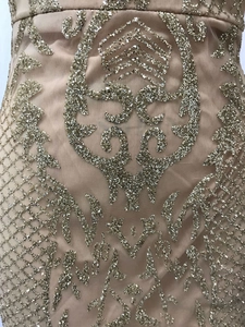 Close-up of champagne mesh fabric with intricate gold sequins and vintage scroll patterns