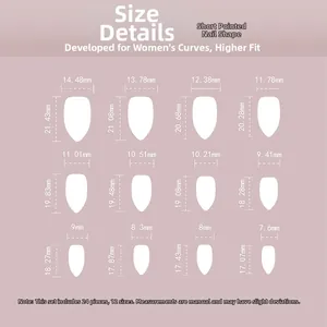 Tableau des tailles d'ongles press-on Short Almond avec 12 mesures précises de largeur
