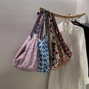 Floral Print Cotton Fabric Tote Bag Large Capacity Shoulder Handbag Retro Literary Style For Women Daily Casual Wear