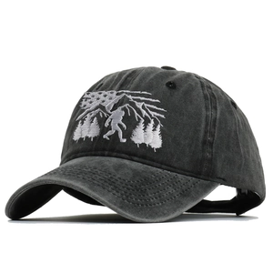 Vintage washed dark grey cotton baseball cap with forest sasquatch embroidery