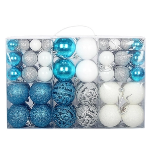 Blue and silver Christmas ball ornament set in a clear box with diverse finishes