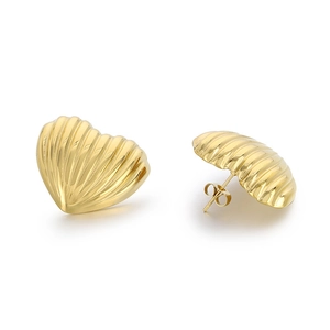 18K gold plated heart stud earrings with minimalist vertical striped shell texture