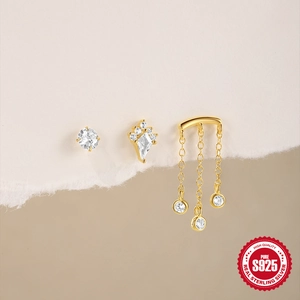 Dreiteiliges goldenes S925-Sterlingsilber-Ohrring-Set mit Quasten und funkelndem Zirkonia