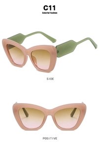 Cat eye glasses C11 with pink frame and avocado green temples, gradient lenses detail