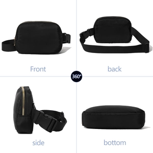 Multi-angle view of a waterproof black nylon belt bag with gold zippers and 360° rotation