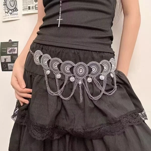 Bohemian silver waist chain with crescent links and sparkling rhinestones on model