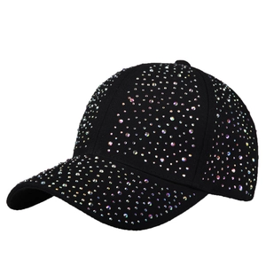 Black baseball cap covered in colorful rhinestones shown on white background
