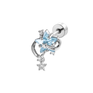 Silver star-shaped helix stud earring with blue gemstone and sparkling accents