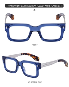 Detail of square glasses frame in transparent dark blue with tortoiseshell patterned temples