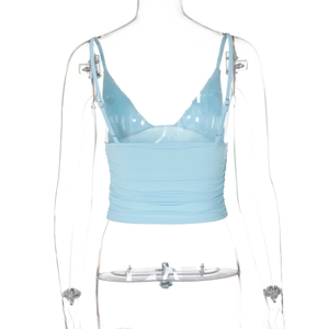Detailed back view of a slim blue V-neck crop top with elastic ruched fabric details