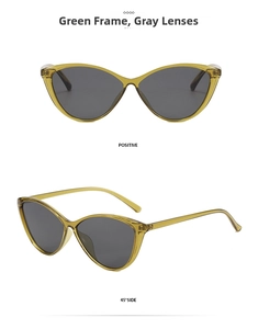 Front and 45-degree side views of green cat eye sunglasses with grey lenses