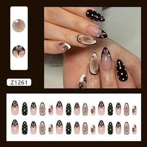 French retro floral press-on nails set with polka dots and gold beads 24 pieces