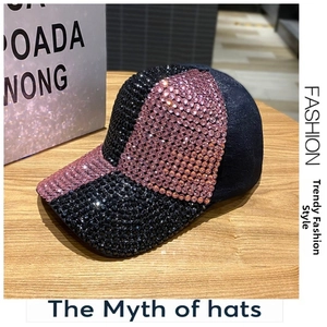Detail of luxury pink and black rhinestone baseball cap with handcrafted shimmering crystals