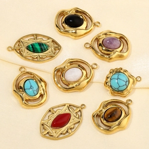 French retro geometric turquoise and natural stone pendants in gold stainless steel frames