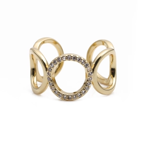Golden geometric hollow copper ring with circular pave cubic zirconia inlay