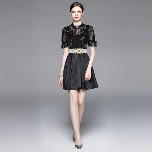 Elegant black lace dress with sequins, beaded waist belt and slimming high waist design