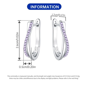 Spécifications de taille pour boucles d'oreilles en argent et zircon violet avec mesure