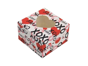 Boîte cadeau carrée blanche avec fenêtre en forme de cœur et motif romantique XOXO
