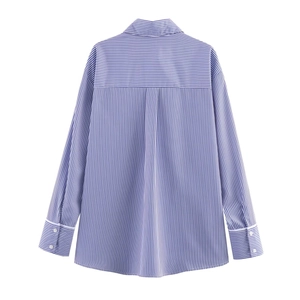 Vue arrière d'une chemise à manches longues rayée bleue et blanche avec empiècement dorsal