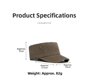 Flat top cadet cap dimensions showing 9cm height and 6.5cm brim in washed cotton