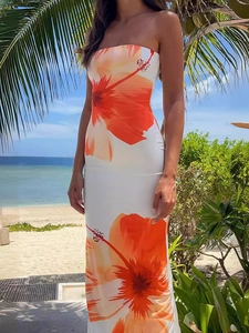 Strapless Tube Maxi Dress Floral Print Sexy Bodycon Summer Beach Vacation Breathable Polyester Elastane Women