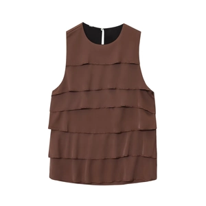 Brown sleeveless blouse with layered ruffles and silky satin texture in a flat lay view