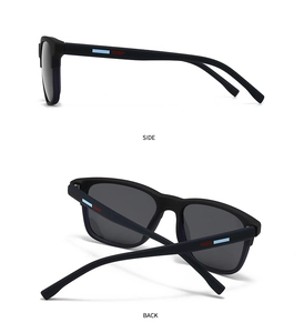 Side and back view of classic matte black TR90 sunglasses with dark grey lenses