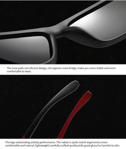 Detailed macro view of ergonomic silicone nose pads and non-slip red temple tips on sunglasses