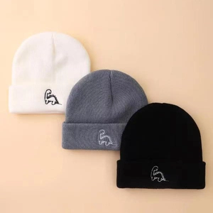 Kids knitted dinosaur beanies set in white grey and black for autumn and winter warmth