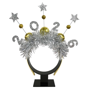 2026 New Year headband with silver tinsel stars and gold sequins on a black band