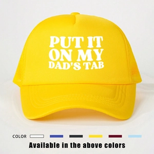 Detail of yellow trucker hat with PUT IT ON MY DAD'S TAB print and mesh back panels