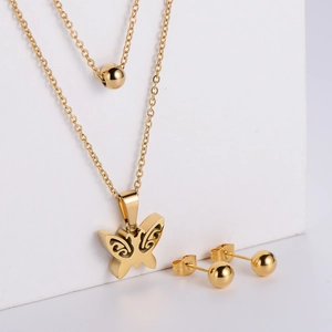 Stainless Steel Butterfly Pendant Double Layer Necklace And Ball Stud Earrings 18K Gold Plated Women Minimalist Fashion