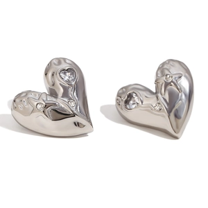 Silver heart earrings with star accents and sparkling zircons in a glossy finish