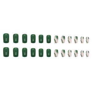 Green wavy fluid art and emerald green solid press-on nails in medium square shape