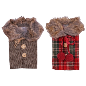 Christmas wine bottle covers with red plaid and brown herringbone designs for table decor