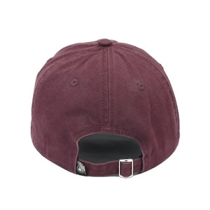 Back view of burgundy baseball cap with adjustable silver buckle and deep crown design