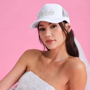 White bridal baseball cap with sparkling Bride rhinestone text and elegant wedding veil
